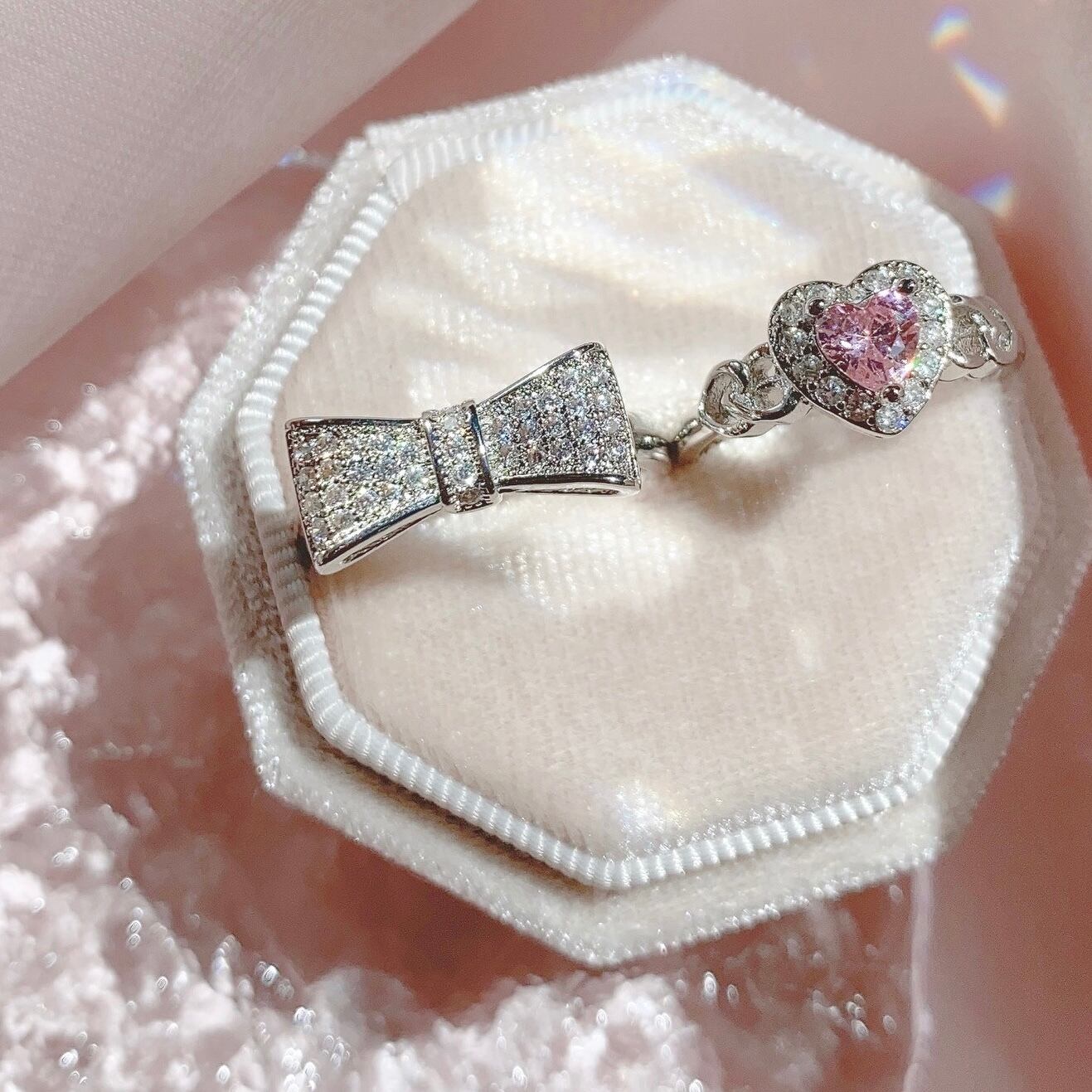 Pink Silver Love Bow Rhinestone Diamond Crown Ring Collection Set Accessories Jewerly