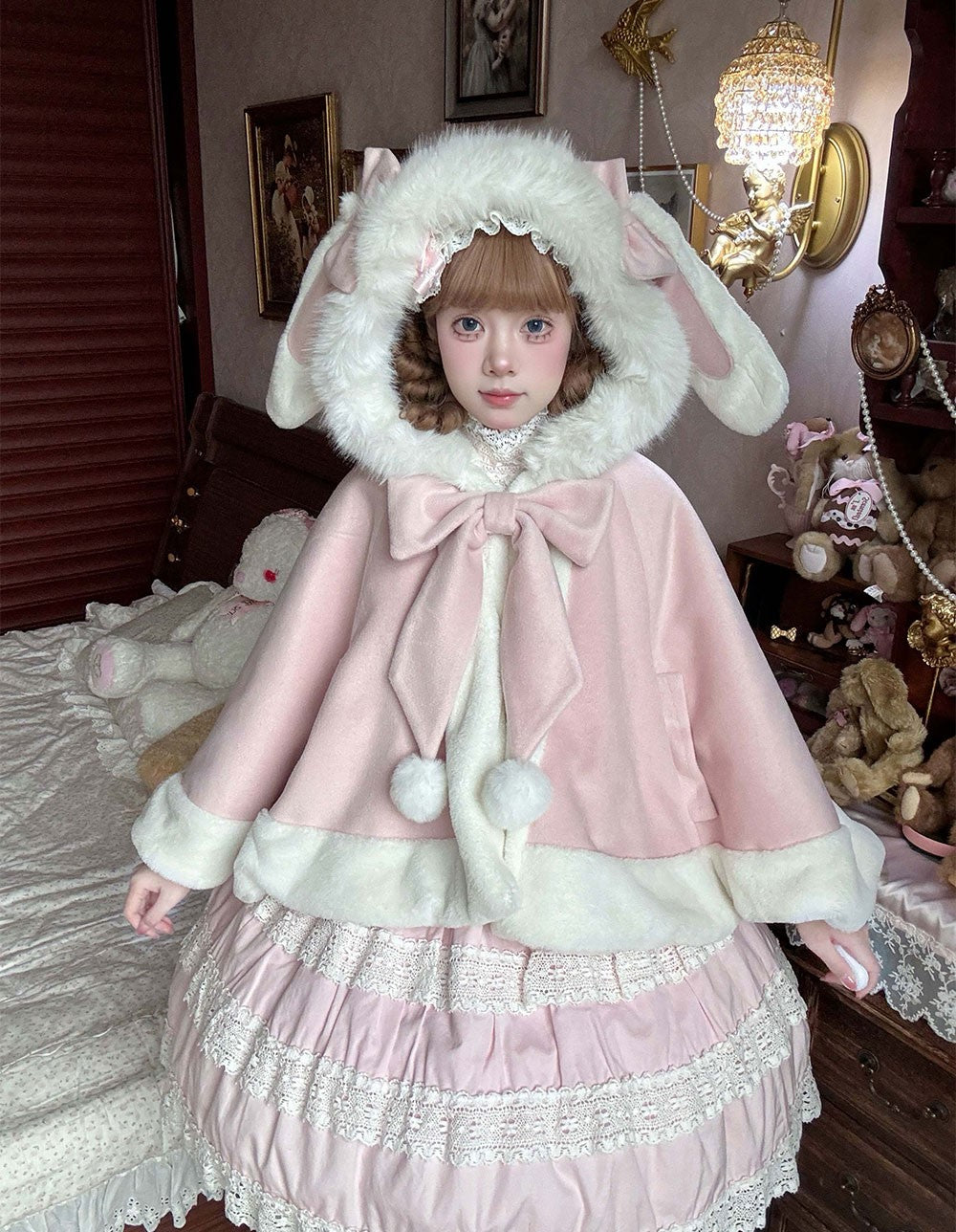 Lolita Kitten Calls Car Ears & Rabbit Ears White Pink Jacket Cape Cloak