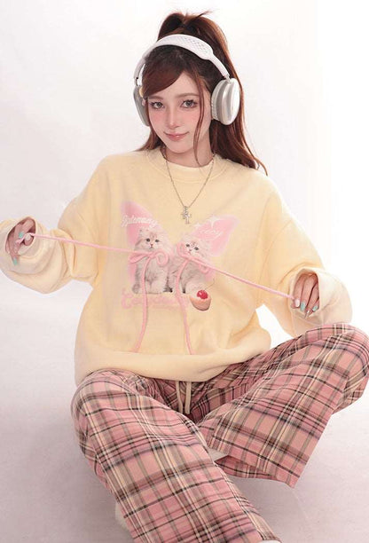 Autumn Cute Cat Kitten Pink Bow Yellow Sweatshirt