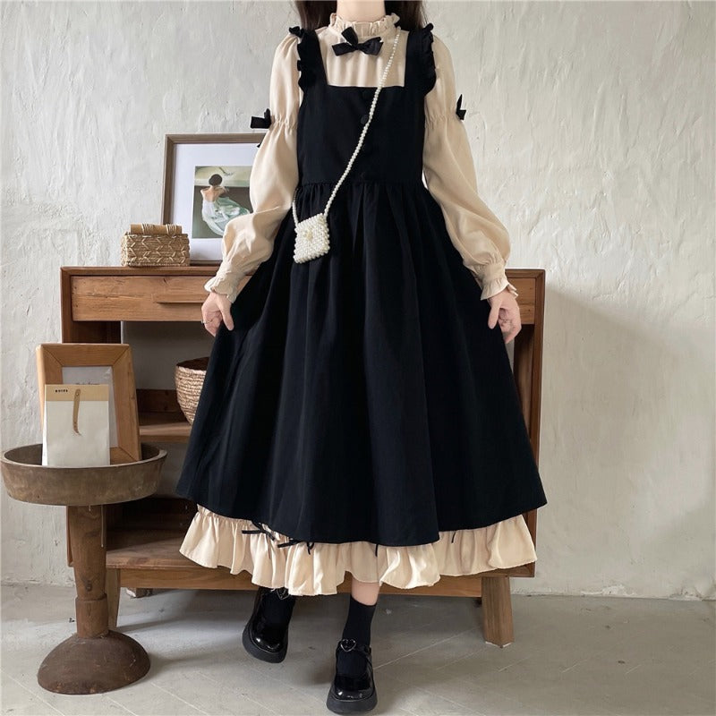 Autumn Mori Girl Bow Black Cream Dress Suspender Skirt Two Piece Set