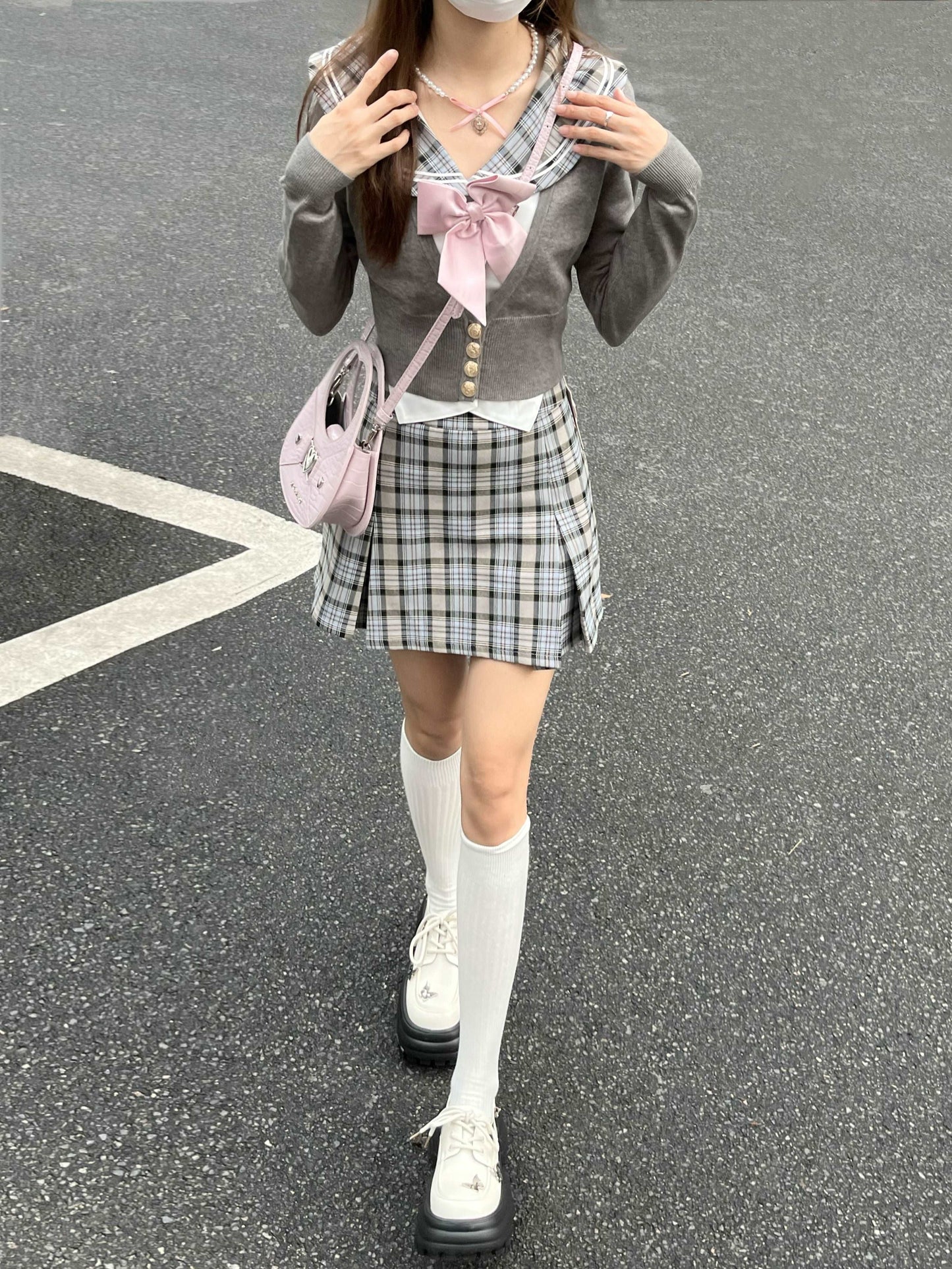 Academia Sailor Collar Uniform Gray Plaid Shirt Knit Cardigan Mini Skirt Three Piece Set