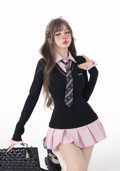 Young Eyes Academia High School Girl Black Pink Polo Collar Dress