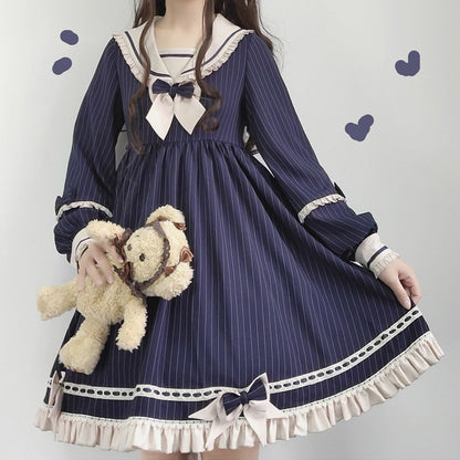 Lolita Sailor Collar Navy Blue & Sky Blue Bow Long Sleeve Dress