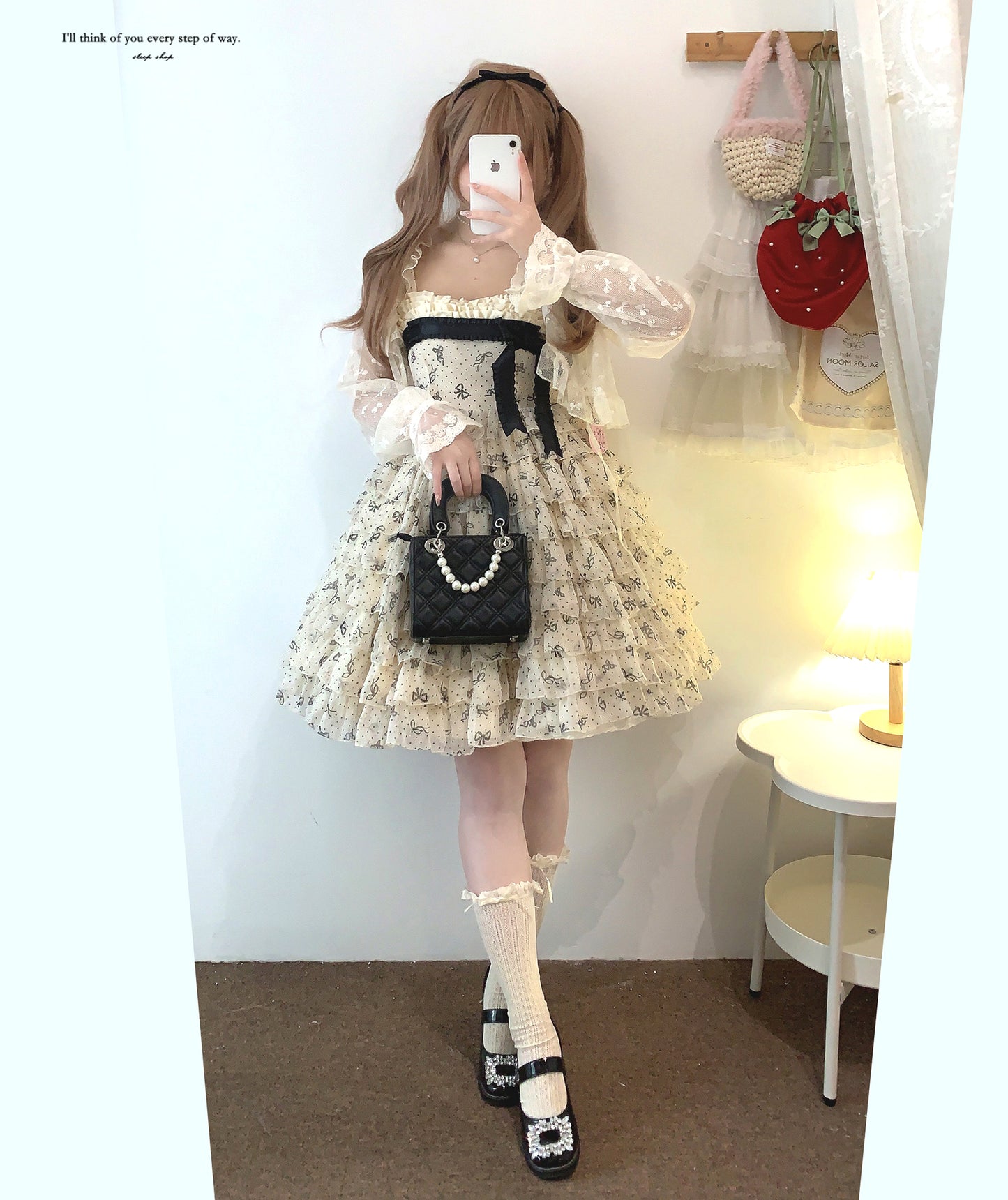 Dormir Doll Bow Kiss Chiffon Cream Black Ruffle Strap Dress