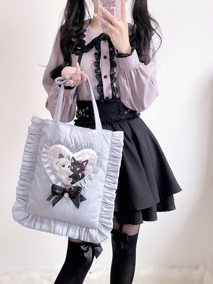 Love Stitched Sweet Rabbit Cat Bow Pillow Japanese Style Tote Bag