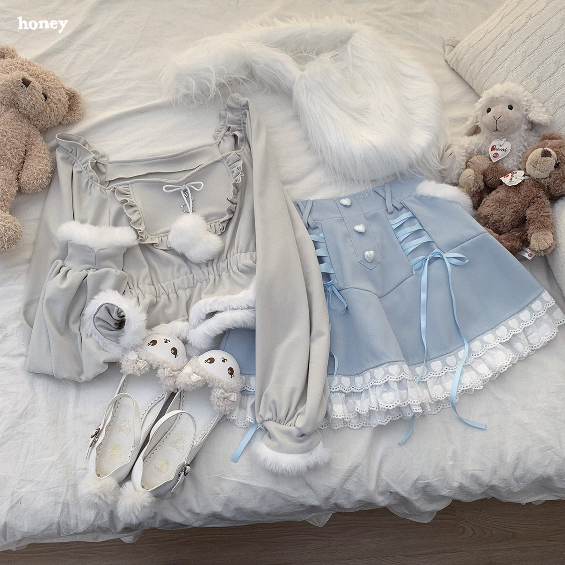 Dormir Doll Winter Rabbit Diary Square Neck Bow Pompom Ball Sweater Top