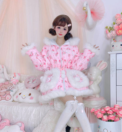 Candy Fairy Sweetie Melody Cartoon Pink Fur Plush Velvet Thick Puffer Jacket Coat