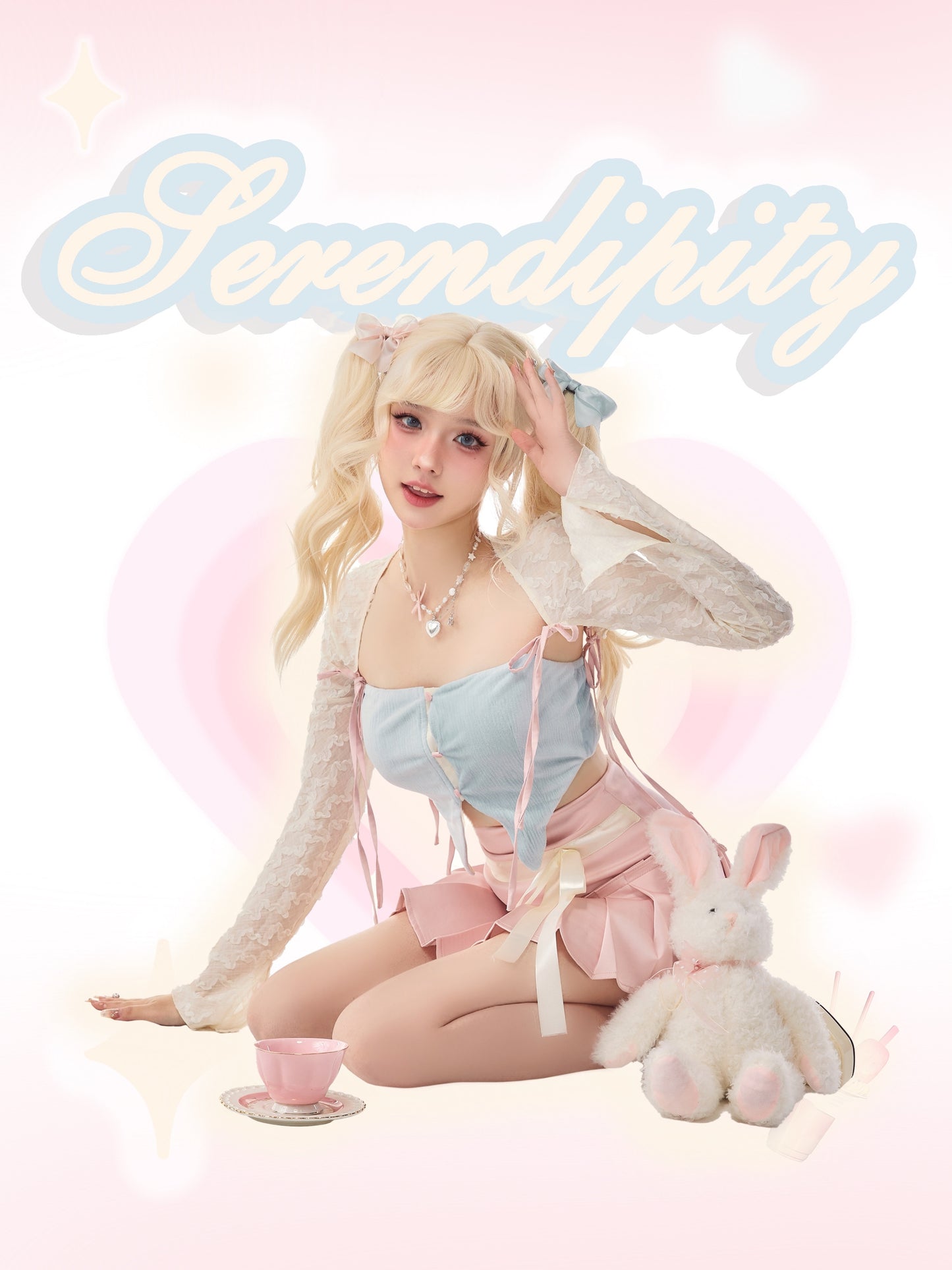 Serendipity Coquette Ribbon Lace White Cardigan & Blue Camisole & Pink Pleated Mini Skirt Three Piece Set