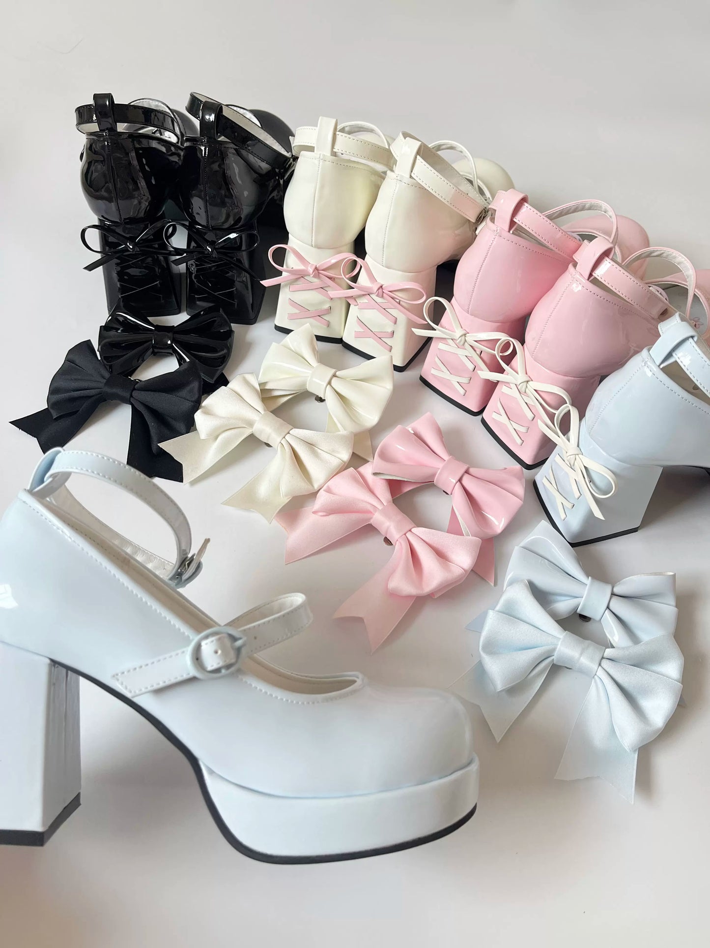 Love Letter Heart Track Lolita Black White Pink Blue Bow High Heels Shoes