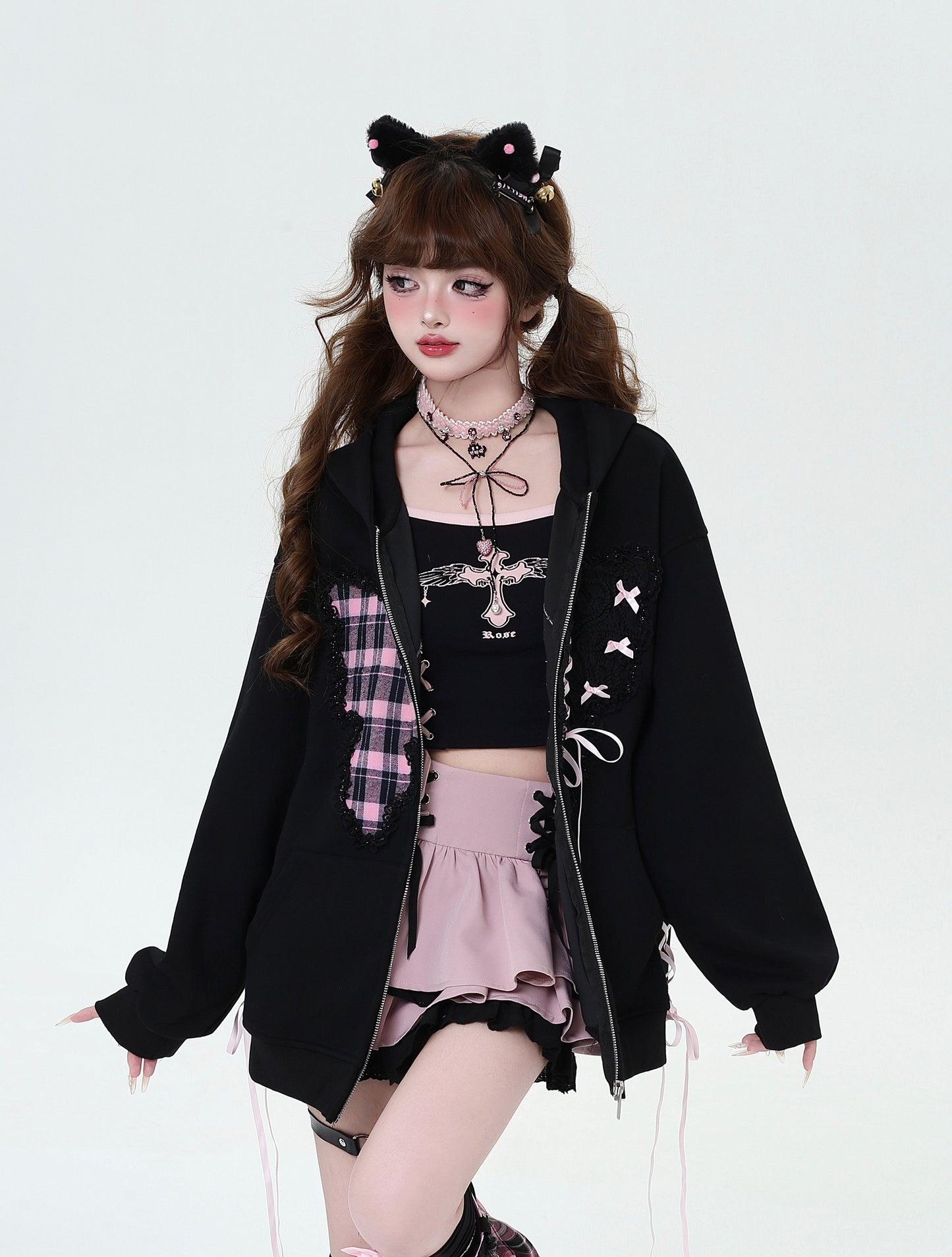 Crazy Girl Plaid Lace Pink Black Jacket Hoodie