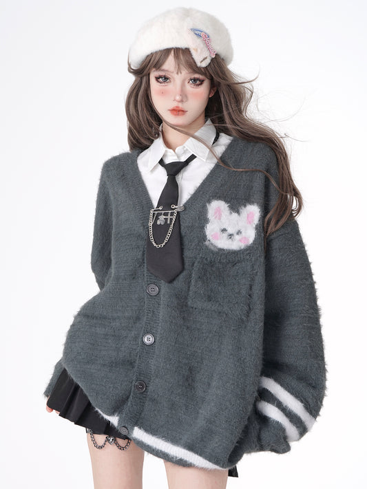 Young Eyes Cute Rabbit Fuzzy Knit Black Gray V Neck Cardigan