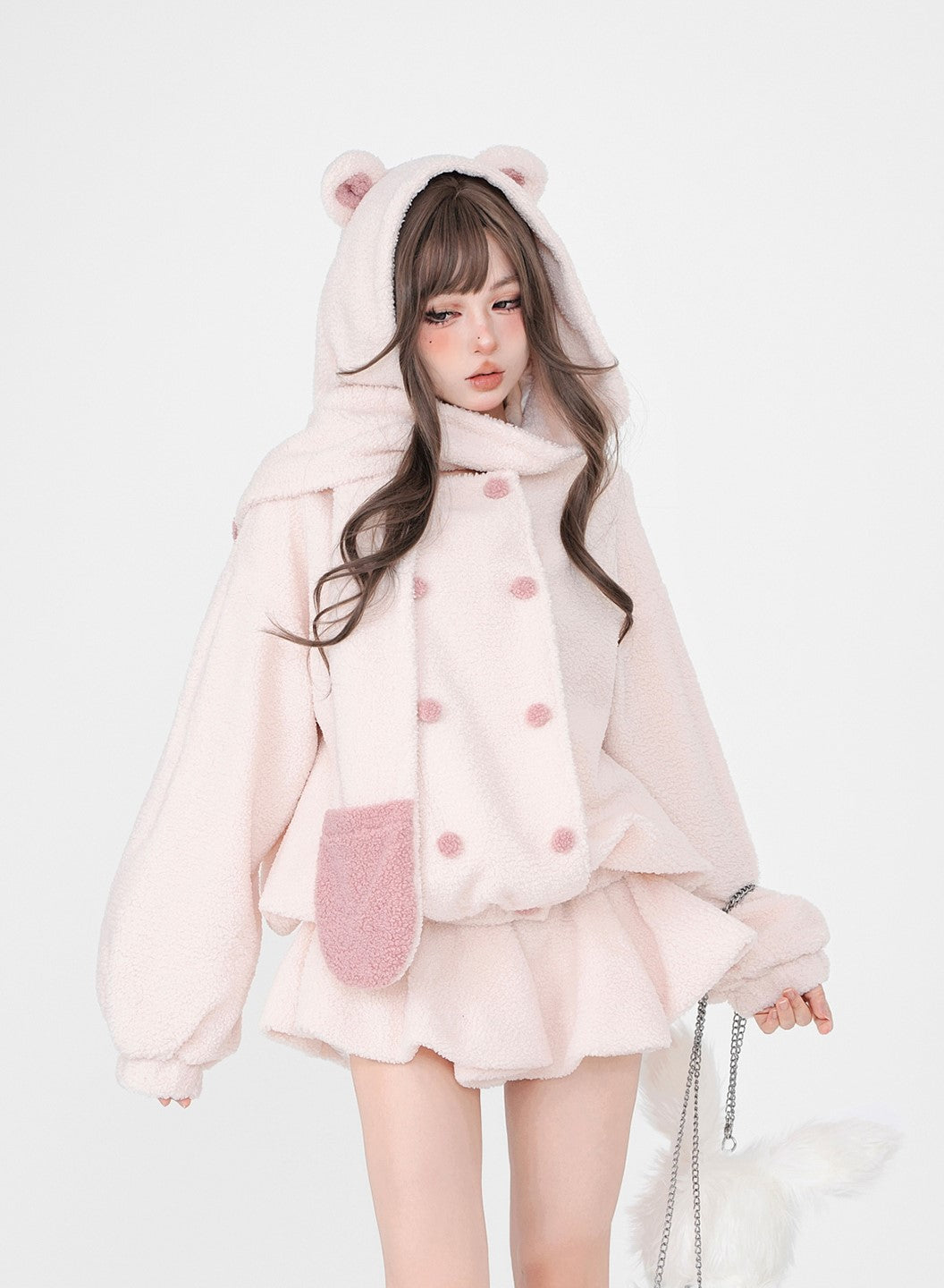 Young Eyes Winter White Soft Pink Plush Fleece Bear Hooded Scarf Jacket & Skirt Two Piece Set