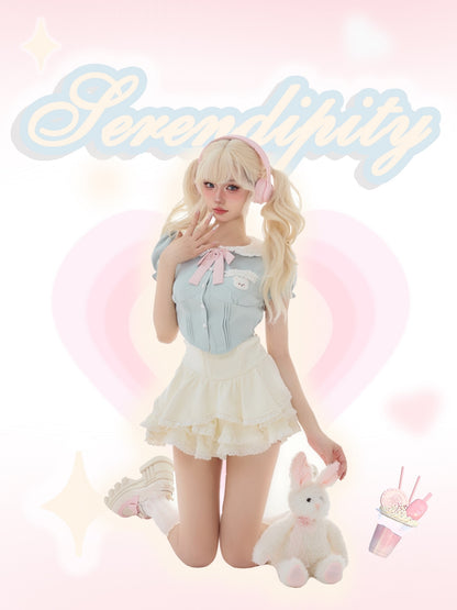 Serendipity Coquette White Doll Collar Bear Blue Puff Sleeve Shirt & White Ruffled Suspender Mini Skirt Two Piece Set