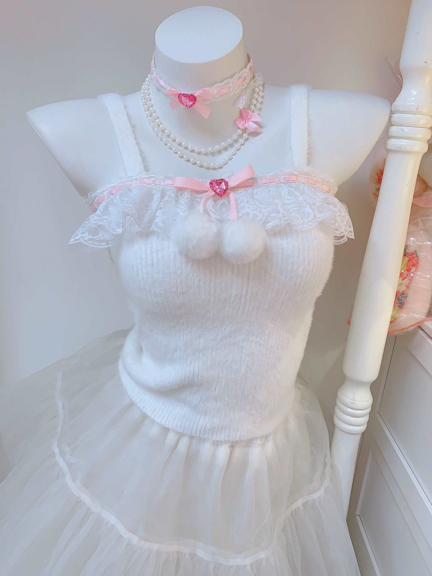 Candy Fairy Winter Sweet Knit Pink White Black Lace Pompom Balls Camisole Top