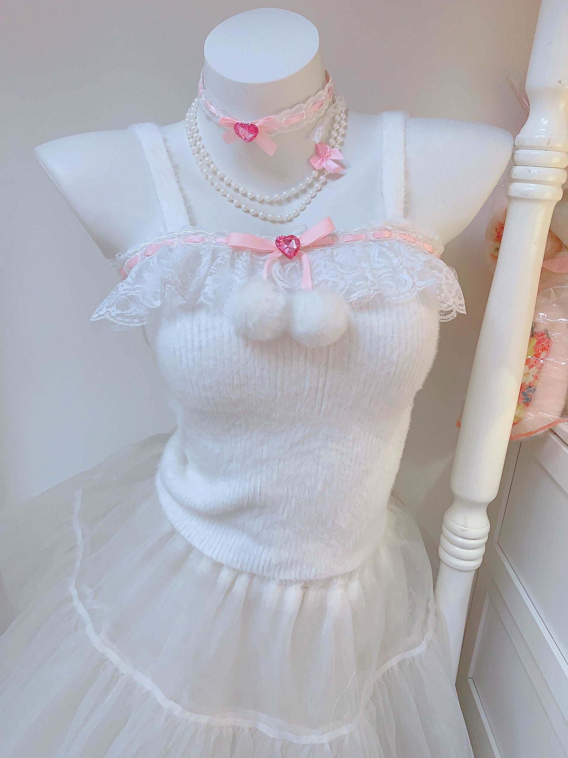 Candy Fairy Winter Sweet Knit Pink White Black Lace Pompom Balls Camisole Top