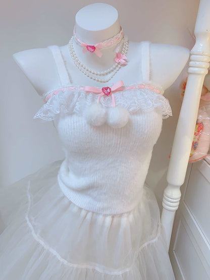 Candy Fairy Winter Sweet Knit Pink White Black Lace Pompom Balls Camisole Top