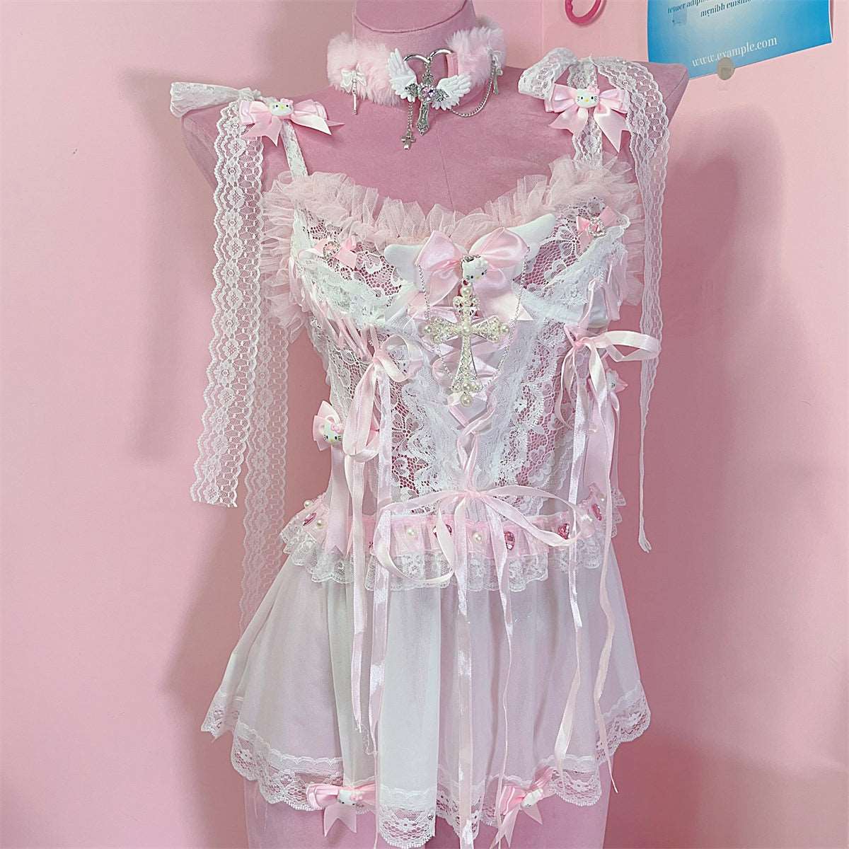 Coquette Sexy Bow Kitty Lace White x Pink Dress Lingerie