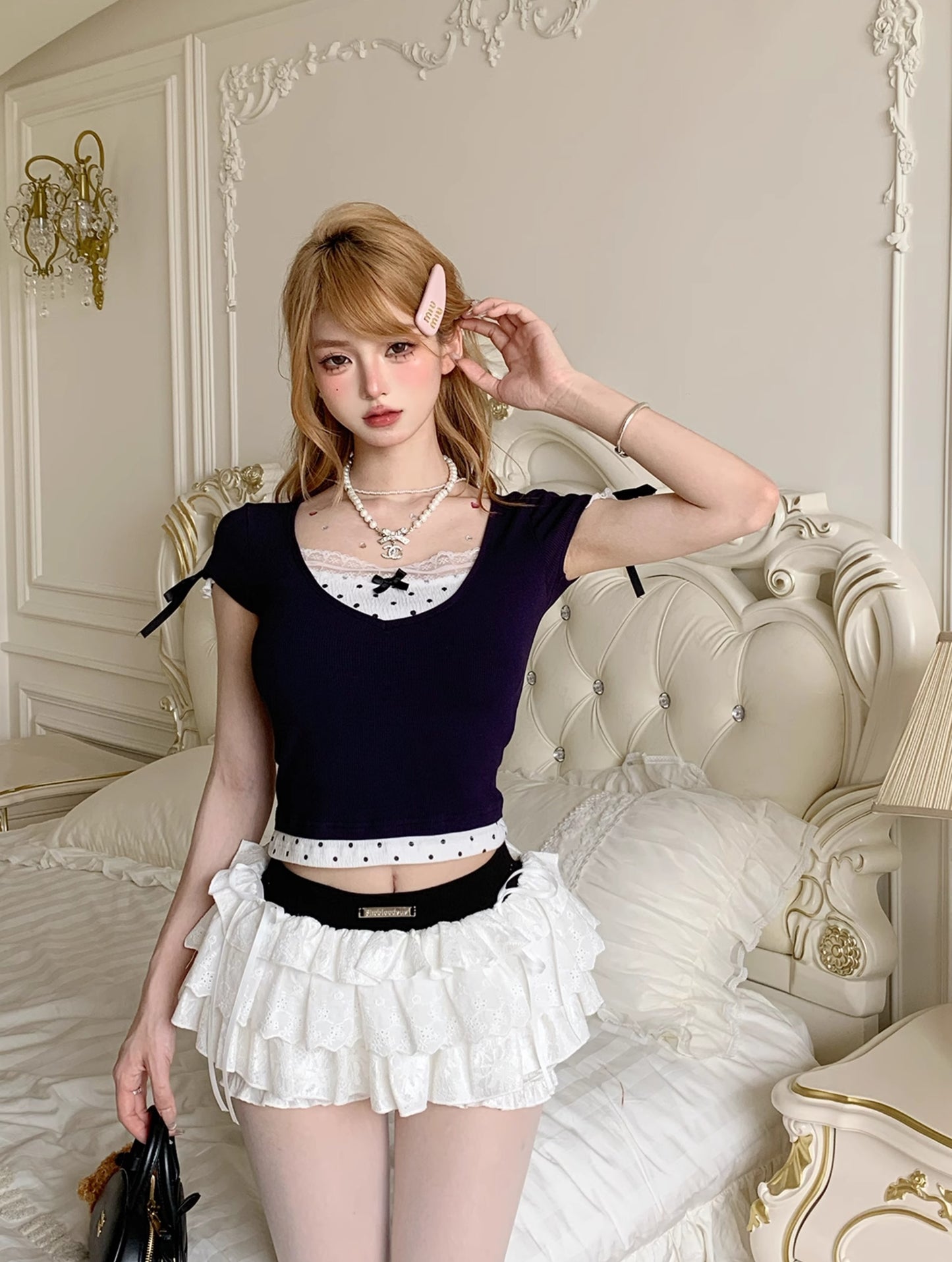 Young Eyes Gray & Navy Blue Coquette Lace Shirt Top