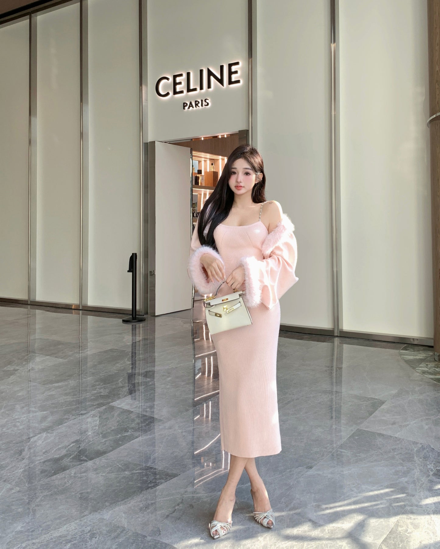 Fall Rose Light Pink Bodycon Strap Long Dress & Fur Jacket Chic Two Piece Set