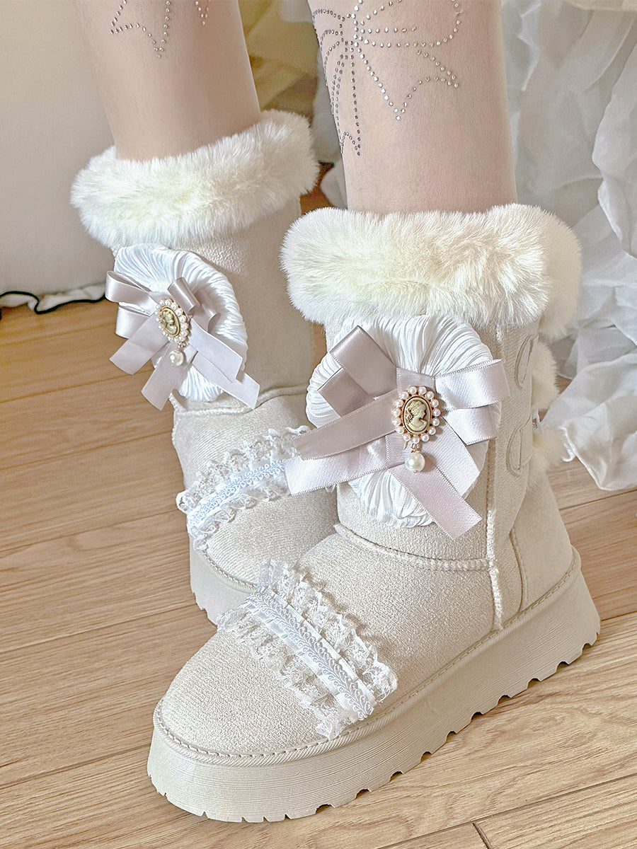 Pinky Sweet Beige Black Lace Mid Calf Fur Winter Thick Snow Round Toe Boots Shoes