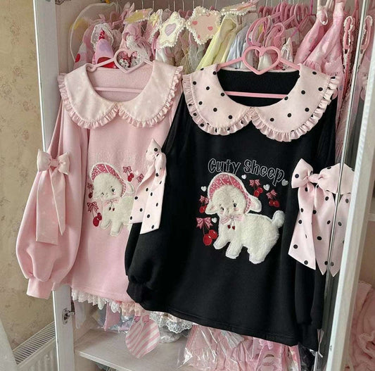 Cherry Sheep Embroidery Black Polka Dot Pink Bow Sweatshirt