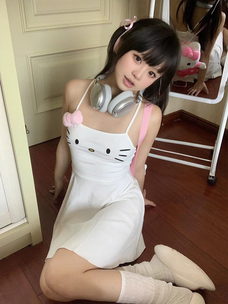 Cute Tasty Kitty Cat White Suspender Dress