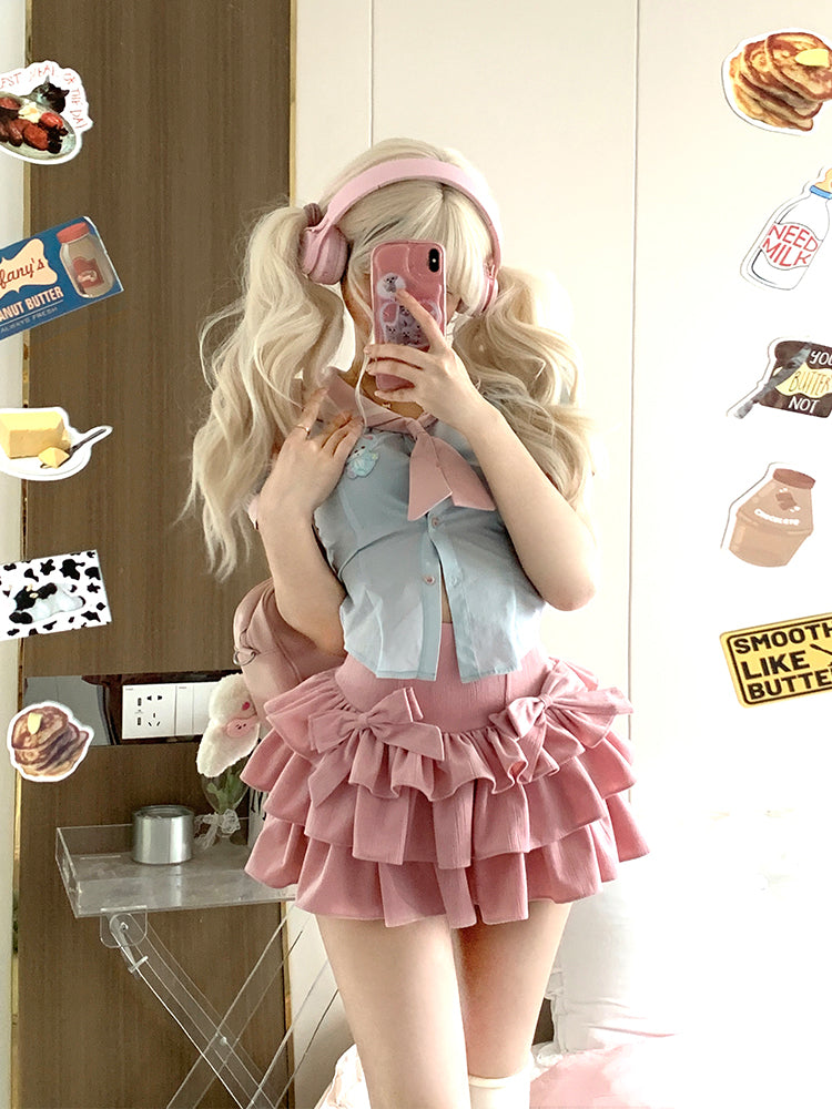 Serendipity Coquette Sweet Sailor Collar Blue Puff Sleeve Shirt & Pink Ruffled Mini Skirt Two Piece Set