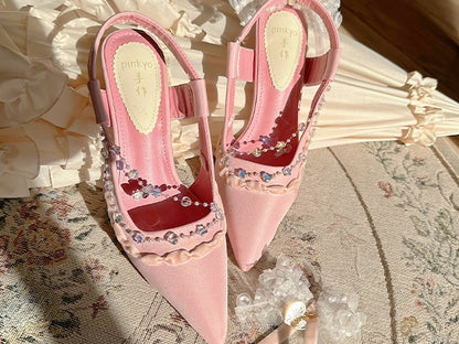 Pink Butterfly Crystal Lace Elegant Chic Pointed Toe High Heels Sandals