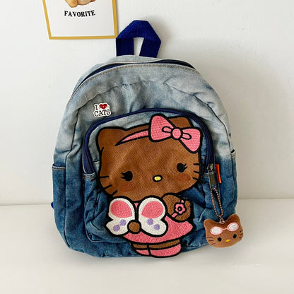 Y2K Black Brown Skin Kitty Denim Student Backpack Bag