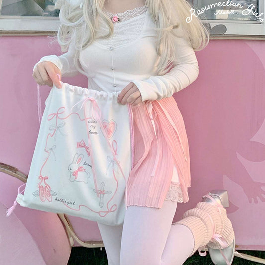 Coquette Girl Sweet Rabbit White & Pink Bow Handmade Drawstring Cinch Bag