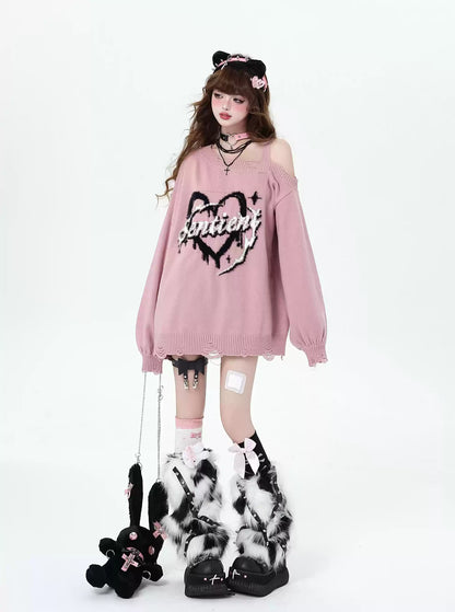 Crazy Girl Sentient Heart Black White Pink Blue Knit Off Shoulder Sweater