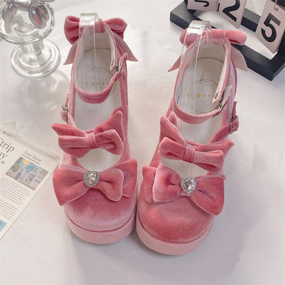 EGL Sweet Velvet Fairy Bow Mary Jane High Heels Shoes