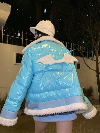 Y2K White Plush Devil Wings Pink Winter Jacket