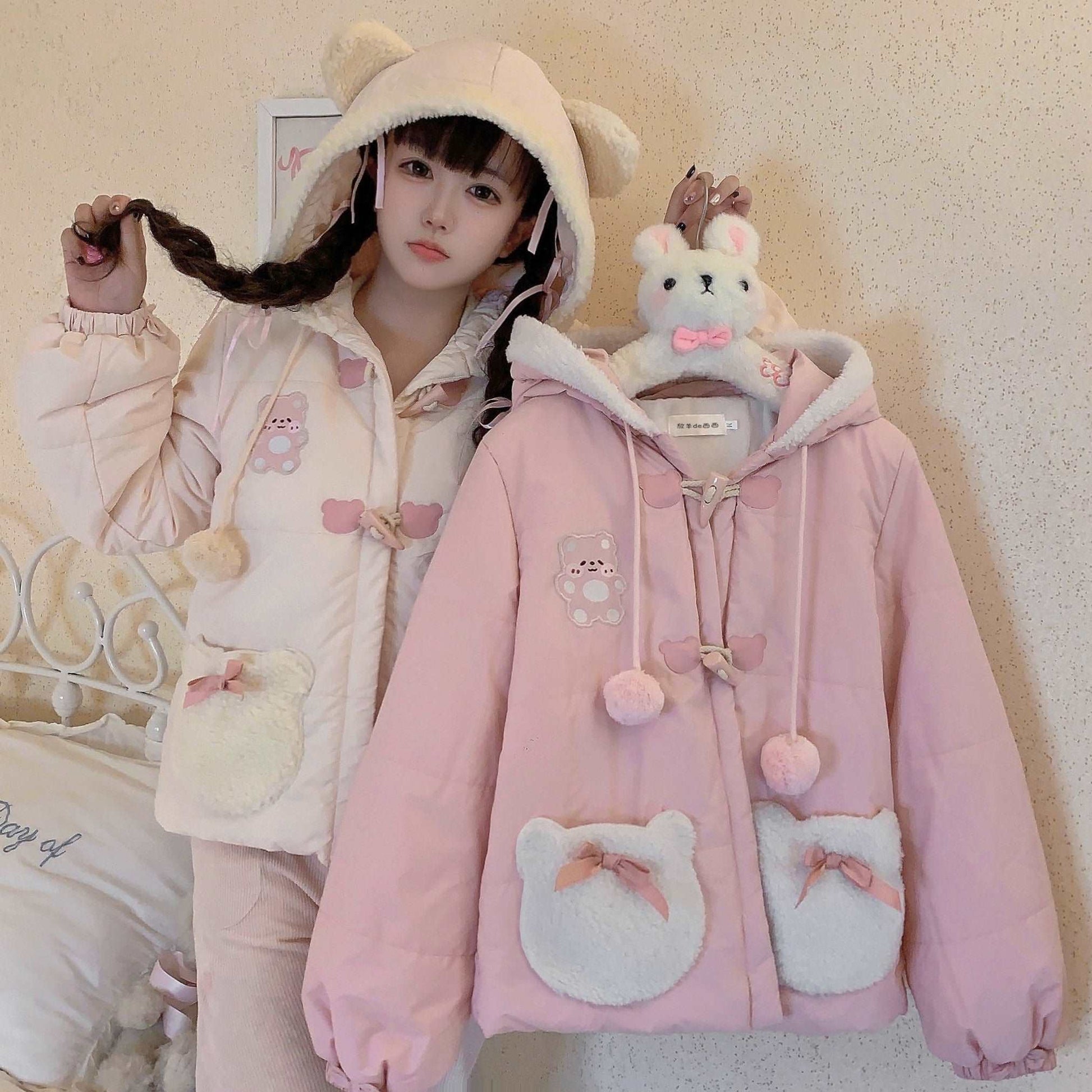 EGL Cute Bear Cream Pink Bear Winter Jacket