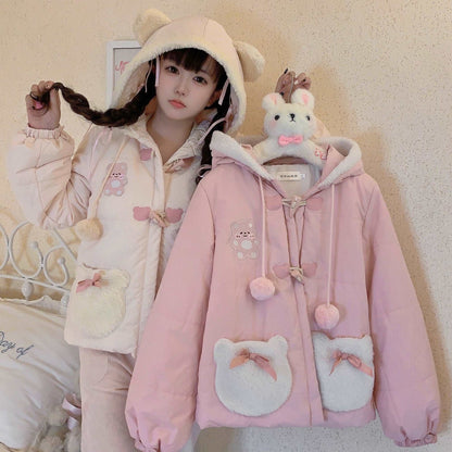 EGL Cute Bear Cream Pink Bear Winter Jacket