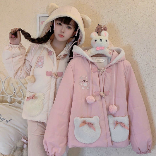 EGL Cute Bear Cream Pink Bear Winter Jacket