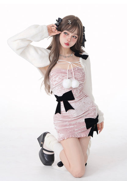 Young Eyes Sakura Memories Pink Velvet Black Bow Sexy Bodycon Dress