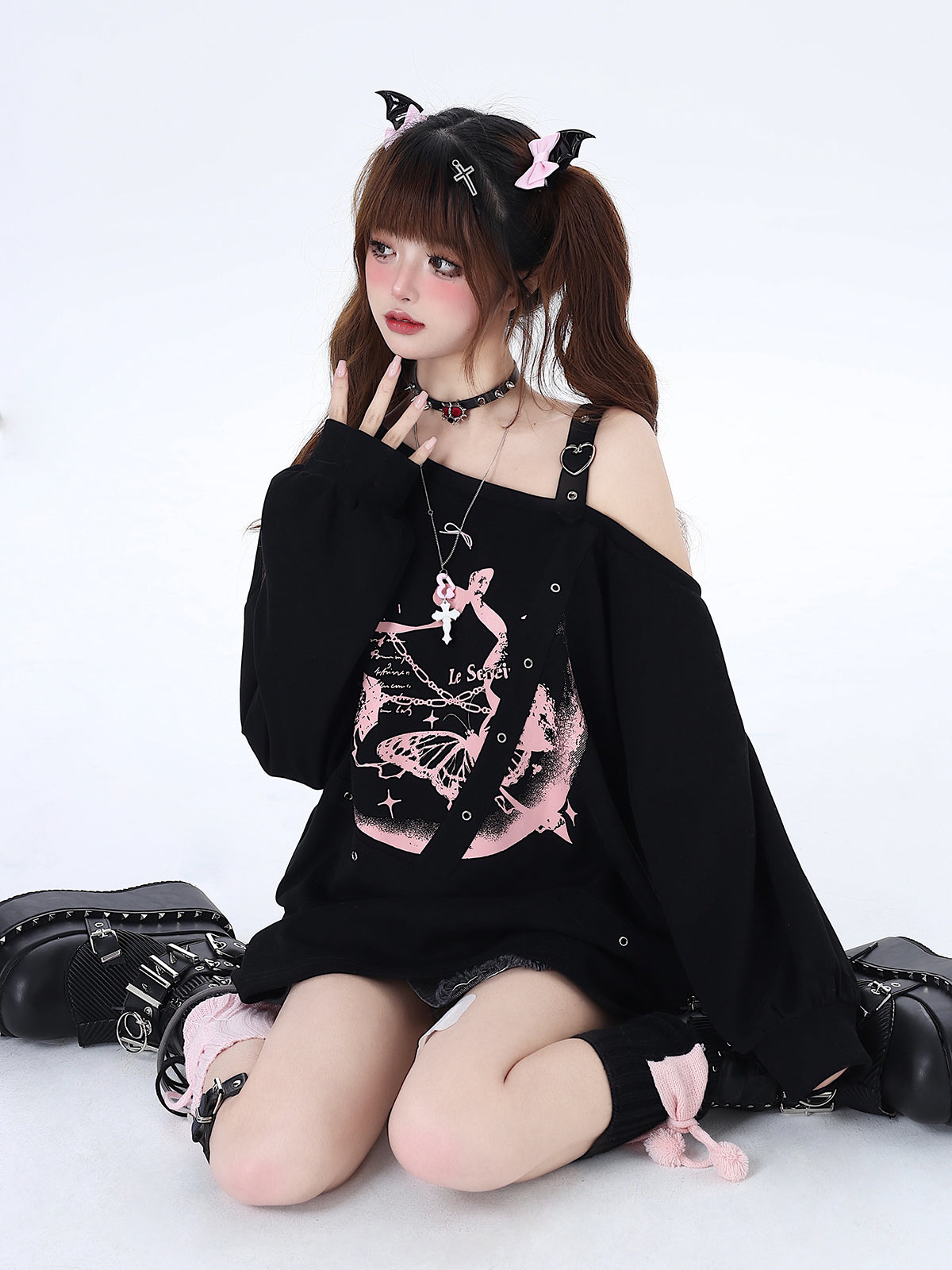 Crazy Girl Butterfly Effect Black Pink Off Shoulder Sweater Top