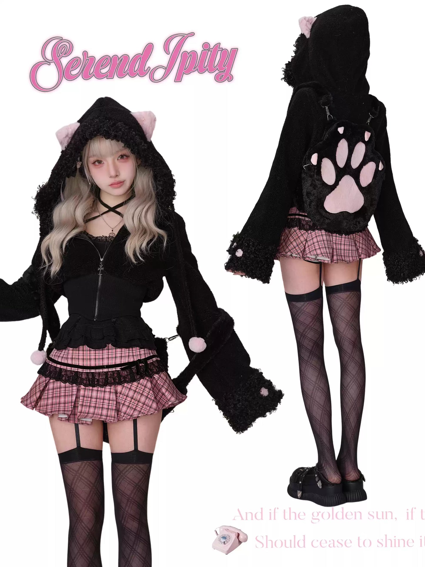 Serendipity Comic Rebellious Cat Black Jacket & Cami & Pink Plaid Skirt Three Piece Set