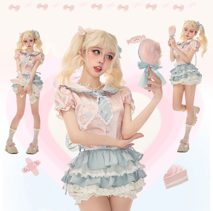 Serendipity Heartbeat Gummy Pink Blue Seifuku Sailor Collar Shirt Top & Skirt Two Piece Set