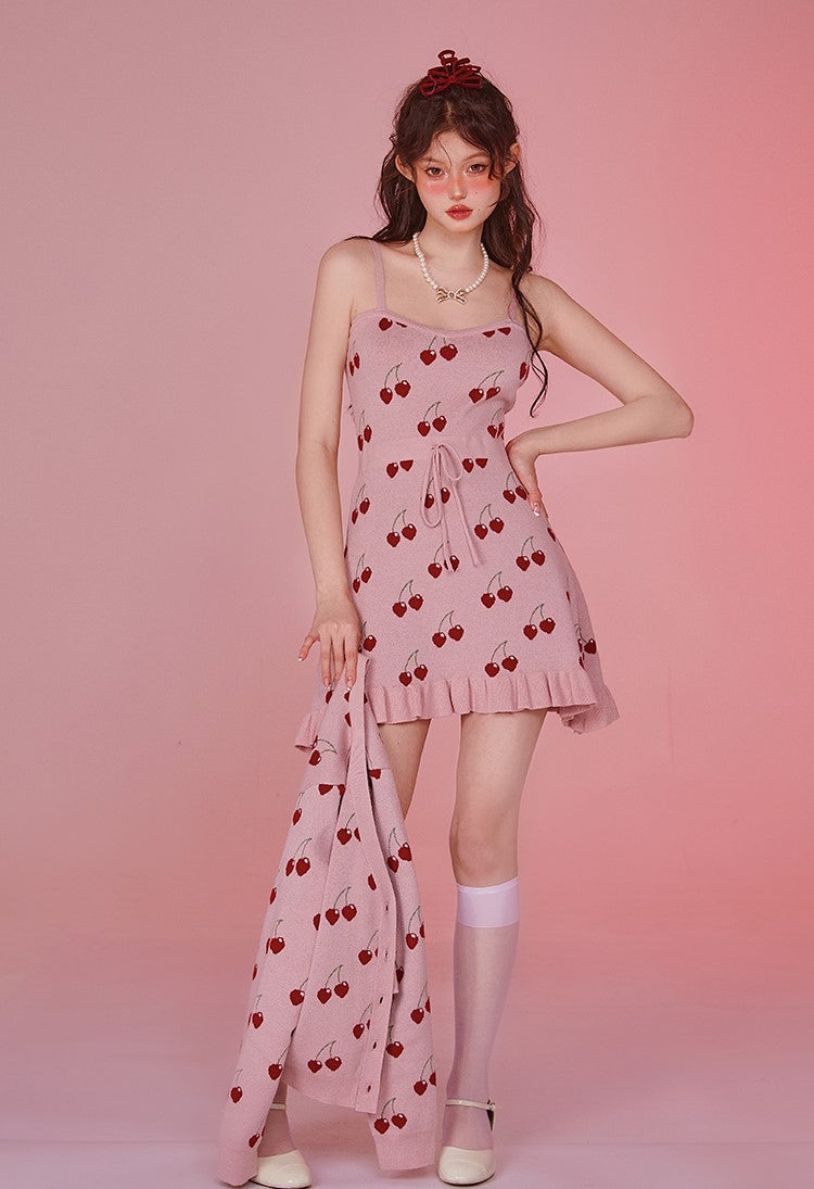 Fancy Girl Cherry Pie Pink Summer Knit Strap Dress