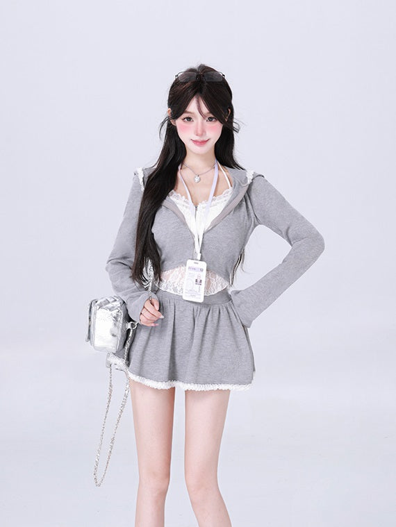 Kiki Idol Trainee Gray Black Hoodie & Skirt Two Piece Set