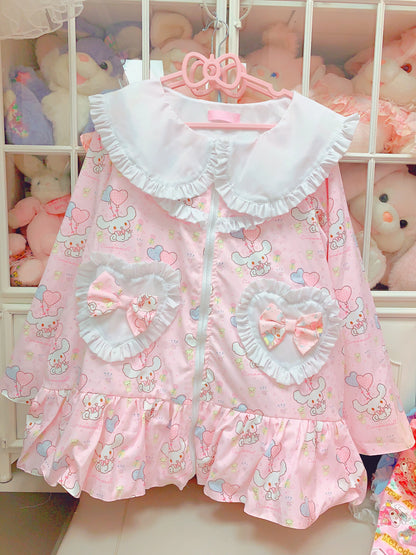 Candy Fairy Cinnamon Dog Cartoon Pink Lace Ruffled Oversize Pajamas Top