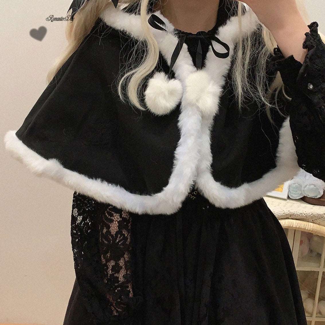 Dormir Doll Winter Lolita Black White Pompom Balls Hooded Cape Cloak