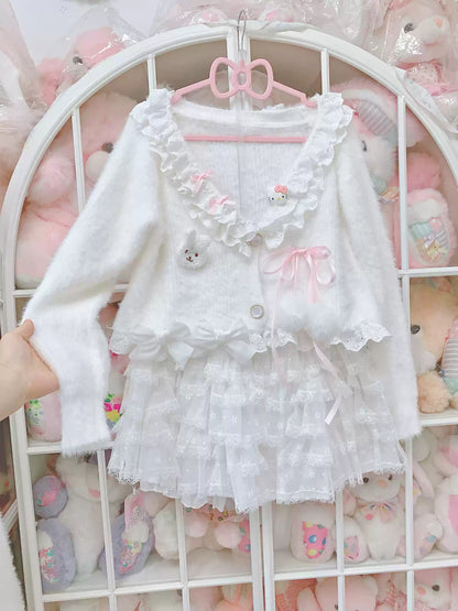 Candy Fairy Milky Kitty Knit White Cardigan & Skirt Two Piece Set