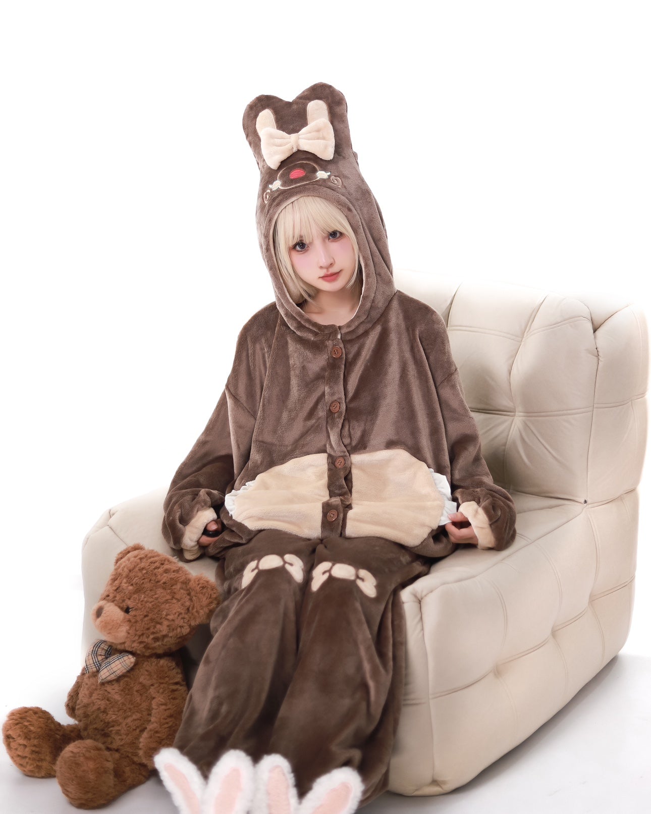 Maiden Park Rabbit Ears White Brown Coral Fleece Winter Pajamas Hooded Tops & Pants Two Piece