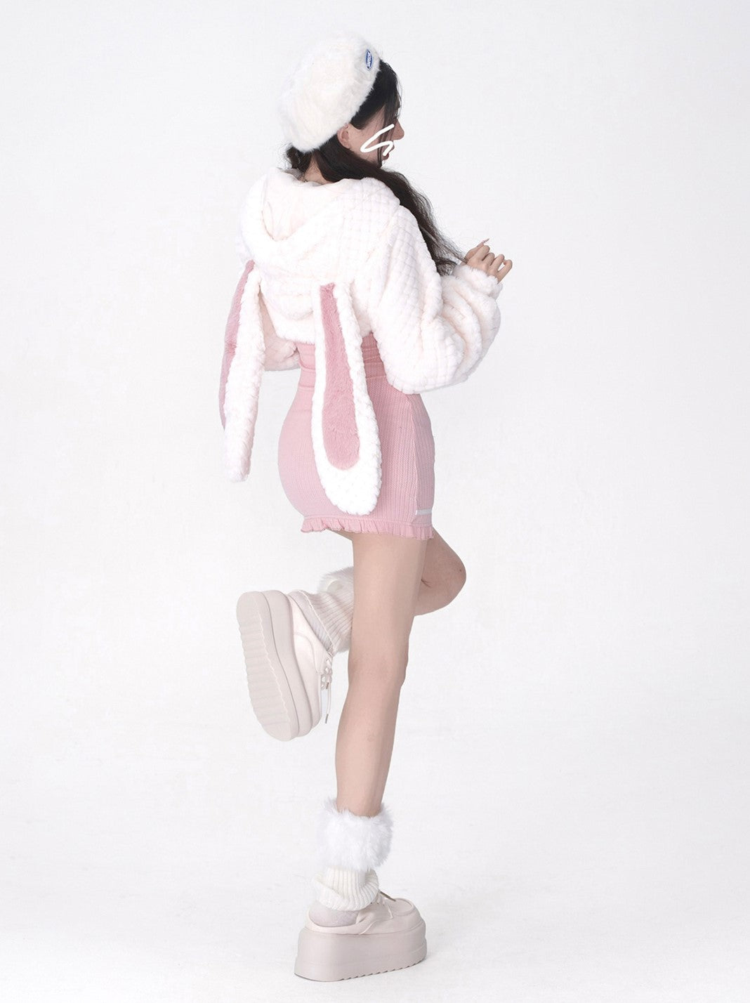 Young Eyes Winter White Plush Rabbit Ears Jacket & Pink Strap Dress Two Piece Set