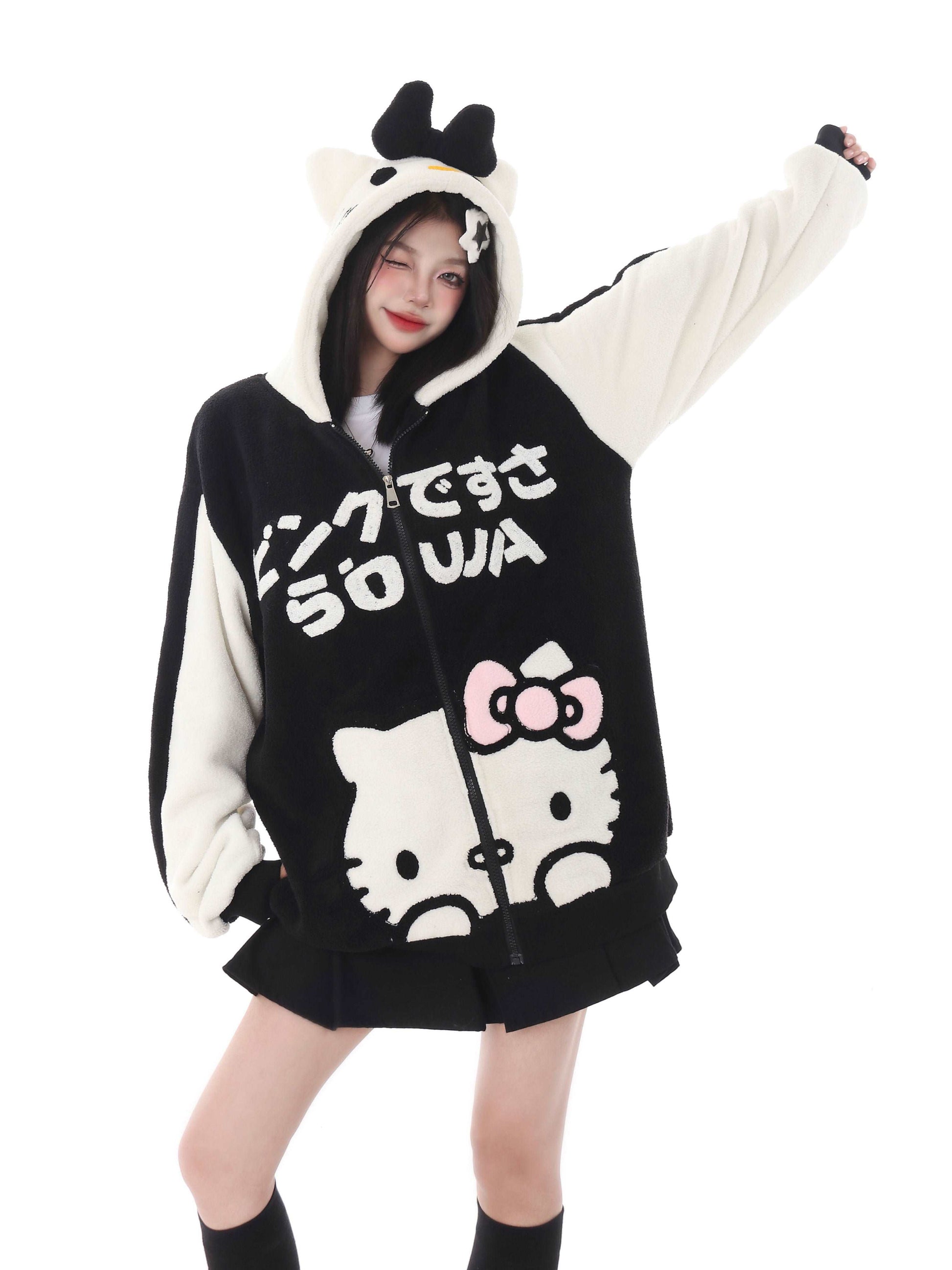 Cute Kitty Cat Pink Black Polar Fleece Y2K Oversize Hoodie Jacket