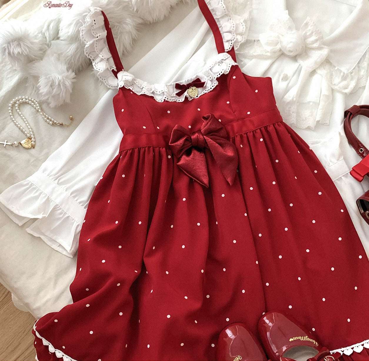 Dormir Doll Christmas Love Polka Dot White & Red Chiffon Strap Dress