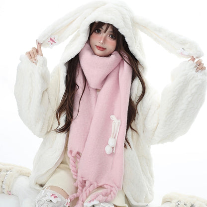 Crazy Girl Winter White Black Winter Rabbit Ears Hooded Plush Fleece Coat